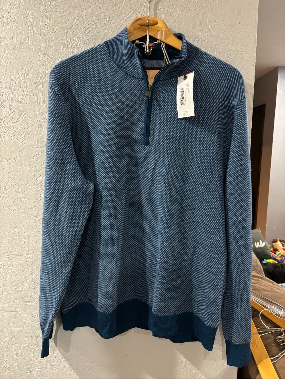 UNTUCKit Hansen Quarter Zip Merino Wool Knit Pattern Sweater Pullover Blue Sz XL